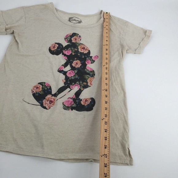 Disney Mickey Mouse Rose Floral Print Rolled Short Sleeve T-Shirt Large Cream L - Picture 5 of 5